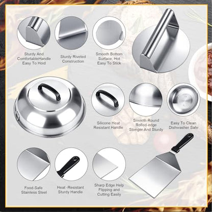 3 Pcs Smash Burger Kit 12" Cheese Melting Cover and 8.5" Burger Press with Grill Spatula Basting Cover, Stainless Steel Hamburger Turner, Melting Dome, Accessories Kit for BBQ Kitchen