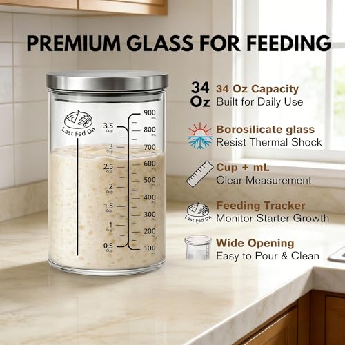 34Oz Sourdough Starter Jar Kit with Date Band, Thermometer & Wooden Spurtle Glass Sourdough Starter Container, Homemade Bread Fermentation Jar Kit