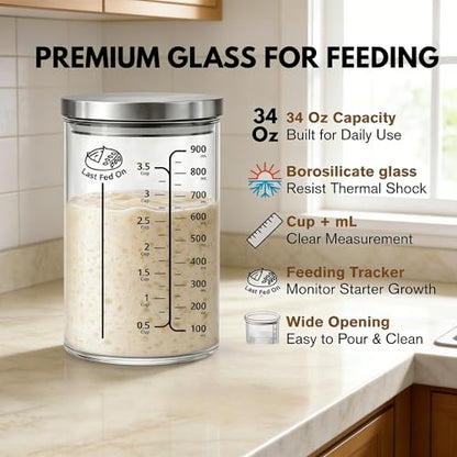 34Oz Sourdough Starter Jar Kit with Date Band, Thermometer & Wooden Spurtle Glass Sourdough Starter Container, Homemade Bread Fermentation Jar Kit