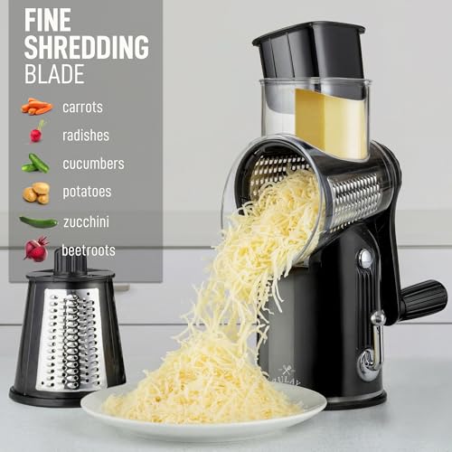 Zulay Kitchen Rotary Cheese Grater 5 Blade Cheese Shredder - Manual Hand Crank Cheese Grater With Reinforced Suction & 5 Interchangeable Drums - Easy to Use, Vegetable Chopper Round Mandoline Slicer - color: Classic | Black