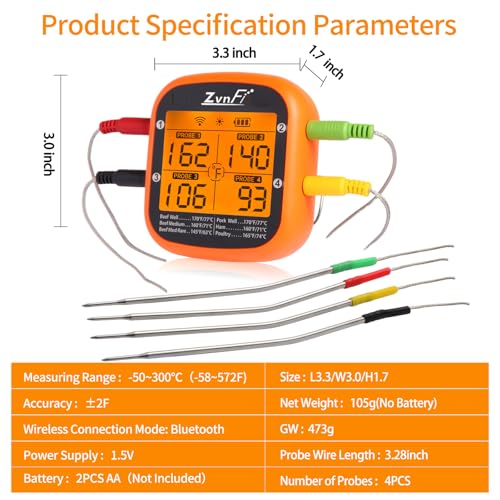 Wireless Digital Meat Thermometer,Instant Read Food Thermometer with LCD Display and 4 Stainless Probes,Advanced Electronic Thermometer Waterproof for BBQ Cooking Kitchen Outside Grill - color: red