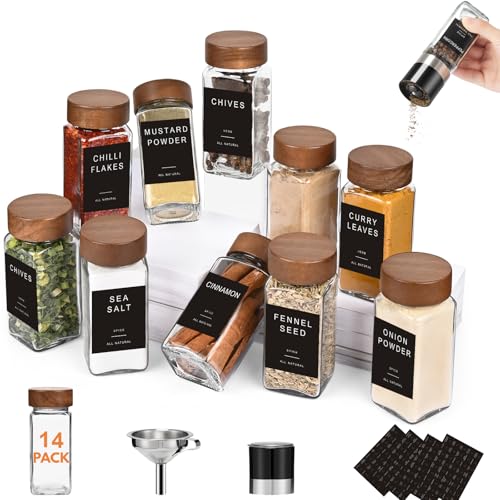 Yangbaga Glass Spice Containers for Kitchen: 14P 4oz Dishwasher Safe Jars | Durable Glass Jars for Cooking Enthusiasts- Airtight Acacia lid 500X Open-Close no Loose - Gift/Daily Use for Housewives