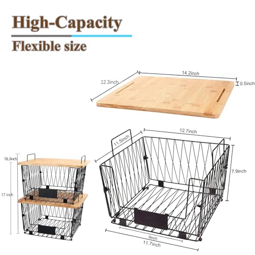 【XXL Big Size】1 Pack Stackable Wire Storage Baskets with Bamboo Lid- Pantry Cabinet Organization, Kitchen Counter Basket for Fruit Vegetable -Large Metal Bin for Pantry Organization and Storage, Black - size: 1 PACK