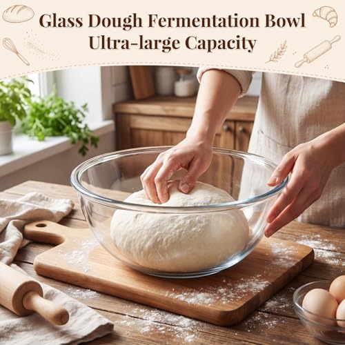 4.7 Qt Large Glass Mixing Bowl with Lid and Acacia Spoons Forks Salad Serving Glass Bowl Meal Prepping Container for Sourdough Bread Baking Fruit Kitchen Storage Marinating Brining Kimch