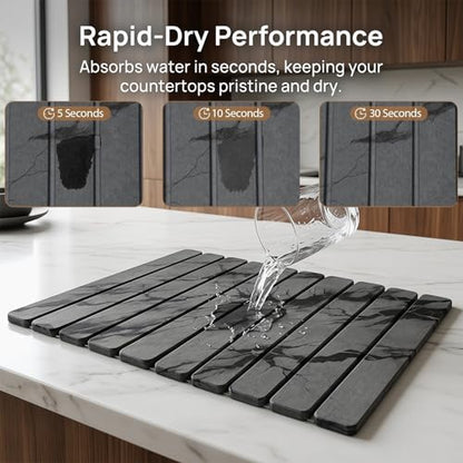 Large Stone Dish Drying Mat for Kitchen Counter, Quick Dry Stones Dishes Mats, Foldable Water Absorbing Diatomaceous Earth Drying Pad for Plate Rack Bottles Utensils (Dark Gray 24"×16" & 8"x4")