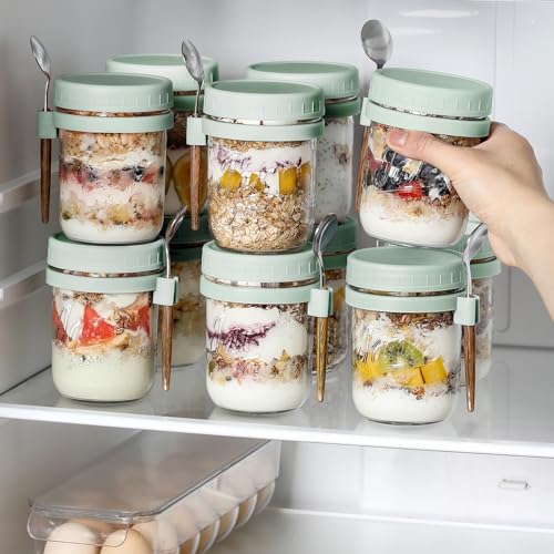LANDNEOO 4 Pack Overnight Oats Containers with Lids and Spoons, 16 oz Glass Mason Jars with Airtight Lids, Overnight Oats Jars for Milk, Cereal, Fruit-Green - color: Green