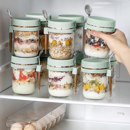 6 Pack Overnight Oats Containers with Lids and Spoons, 16 oz Glass Mason Overnight Oats Jars, Large Capacity Airtight Jars for Milk, Cereal, Fruit(Green) - color: Green