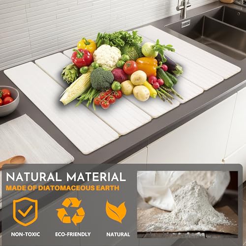 Large Stone Dish Drying Mat for Kitchen Counter, 23" × 15" Quick Dry Stone Mat, Collapsible Fast Absorbing Diatomaceous Earth Non-Slip Dish Drying Pad for Dishes & Cups (White, 23" × 15") - color: White
