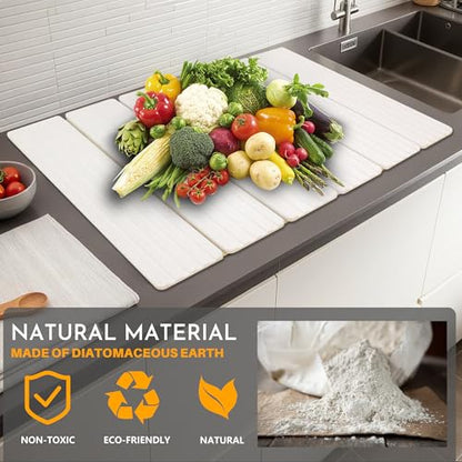 Large Stone Dish Drying Mat for Kitchen Counter, 23" × 15" Quick Dry Stone Mat, Collapsible Fast Absorbing Diatomaceous Earth Non-Slip Dish Drying Pad for Dishes & Cups (White, 23" × 15") - color: White