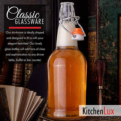 Clear Glass Bottles for Beer With Swing Top Lids - 6 Pack 16 Oz – Home Brewing Grolsch Glass Bottles with Caps – Airtight Rubber Silicone Lid for Kombucha, Homemade Dressing & More by Kitchen Lux