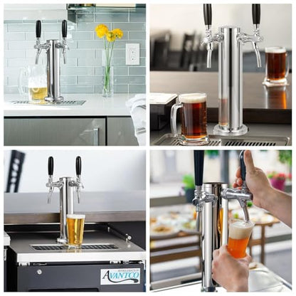 Adjustable Dual Tap Kegerator Tower Draft Beer Tower Pre-assembled Beer Keg Tap Tower Stainless Steel Beer Dispenser Tower Stainless Core Self-Closing Beer Faucet for Homebrew Kegerator Parts