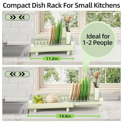 TOOLF Small Dish Drying Rack, Mini Expandable Compact Dish Rack, Slim Extendable Stainless Steel Dish Drainer for Kitchen Countertop, Space Saving Dish Strainer, Soft Celery Green - color: Soft Celery Green