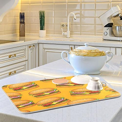 Cheeseburger Tomato Yellow Dish Drying Mat Kitchen Dish Drying Pad Absorbent Microfiber Dish Drainer Mat for Coffee Bar Sinks Draining Racks 16x18 Inch - size: 16x18in