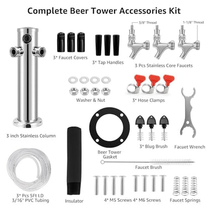 MRbrew Kegerator Tower Beer Tap Tower Dispenser 3 Faucet Beer Tower Draft Beer Dispenser Stainless Steel Keg Tap Tower 3'' Keg Tower Pre-assembled Line Beer Faucet Dispenser Kit For Home, Bar,Party - size: Three Tap Kegerator Tower