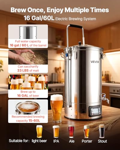 VEVOR Beer Brewing Equipment, 16 Gal/60L Beer Maker with Anti-Burn Pump and Wort Chiller,3000W All-in-One Home Brewing Kit with Digital Control, Recipe Memory & Timer, Removable mesh strainer - size: 16 Gal