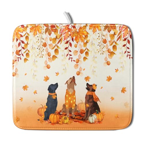 Giwawa Fall Dogs Dish Drying Mat Autumn Leaves Reusable Dishes Pad 16"x18" Holiday Microfiber Quick Dry Dish Drainer Rack Mat for Kitchen Counter - color: Fall Dogs, size: 16x18 inch