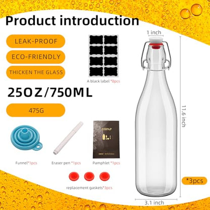 3 Pcs Flip Top Glass Bottles 25 oz Kombucha Bottles 750ML with Airtight Caps Beer Brewing Bottles Swing Top Bottles Grolsch Style Clear Bottles for Home Brewing Beer Water