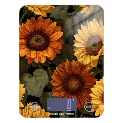 Food Scale Kitchen Digital Scale Food Ounces and Grams Dieting Baking Cooking Waterproof Glass Panels LCD Display,4 Units Scale Tare Function Sunflower - color: Sunflower 11
