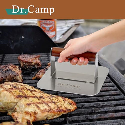 Dr.Camp 7 Inch Stainless Steel Burger Press with Real Wood Handle Heavy Duty Bacon Press Grill Press for Griddle Flat Top Smash Burger Press Hamburger Smasher Meat Press (Square) - style: Square