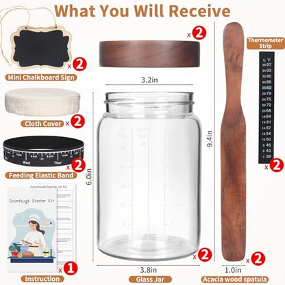 Kmise 2 Pack Sourdough Starter Jar Glass, 34 Oz Wide-mouth Sourdough Starter Jar Kit W/Acacia Spatula, Cholkboard Sign, Thermometer, Feeding Band, cloth cover,Reusable Sourdough Bread Baking Supplies - color: 2 ガラス