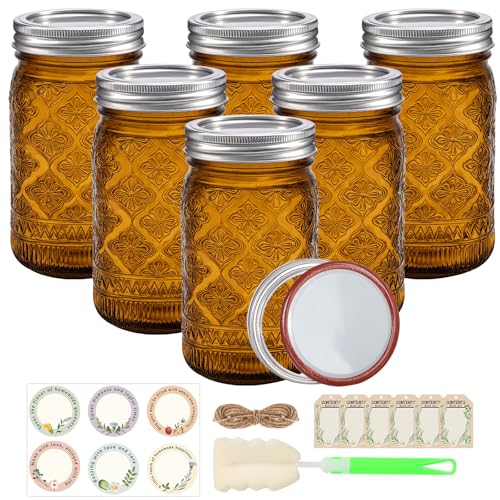 Amber Wide Mouth Mason Jars 32oz with Leak-proof Split Lids, 6-Pack | Colored Glass Jars, Leak-proof for DIY Crafts, Wedding Centerpieces, Home Decor, Flower Vase, Bathroom Storage - color: Amber-6Pack
