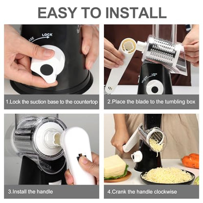 Cambom Rotary Cheese Grater Hand Crank Cheese Shredder for Fresh Cheese, Vegetable, Nuts,Non-slip Suction Base, Five Blades, Black - color: Black, size: 5 BLADES