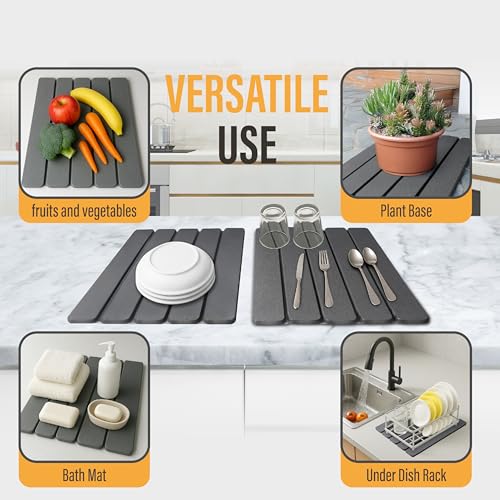 Large Foldable Stone Dish Drying Mat – Diatomaceous Earth, 2 Pack (12"x16" Each) or 24"x16" Combined – Fast Dry, Anti-Slip Pad, Sanding Tool & Instruction Manual for Kitchen and Bathroom, Dark Gray