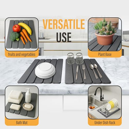 Large Foldable Stone Dish Drying Mat – Diatomaceous Earth, 2 Pack (12"x16" Each) or 24"x16" Combined – Fast Dry, Anti-Slip Pad, Sanding Tool & Instruction Manual for Kitchen and Bathroom, Dark Gray