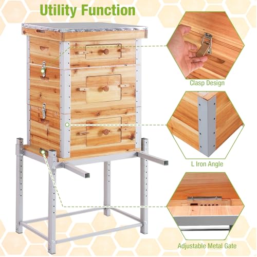 GUTINNEEN Bee Hive with Metal Frame, 10 Frame Bee Hives Boxes Dipped in 100% Beeswax,Bee Keeping Supplies-All Starter Kit Includes Wooden Frames & Waxed Foundations