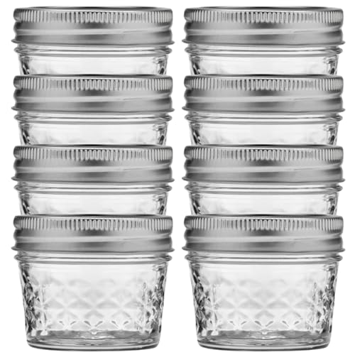 Ball Wide Mouth Quilted Crystal Jelly Jars with Lids and Bands, Used for Canning, Pickling, Juice, Jam, Jelly, Quarter Pint Size (4 Ounce (Pack of 8)) - size: 4 Ounce (Pack of 8)
