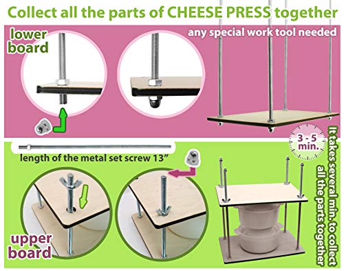 PetriStor Wooden Cheese Press for Cheese Making Supplies 12in Metal Guides 13in and 2 Cheese Mold with Follower Piston 1.3Qt - large Home Supply Ultimate Cheese Press Machine - Prensa Para Queso