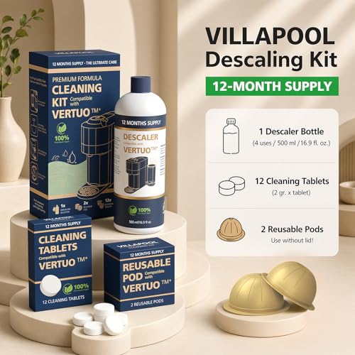 Descaling Kit Compatible with Nespresso Vertuo, 12 Month Supply-Includes 1 Bottle of Descaling Solution, 12 Cleaning Tablets & 2 Reusable Pods, Cleans Pod Area & Limescale, for Vertuoline