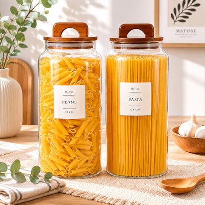 2 Pack Large Glass Flour and Sugar Containers with 132 Pantry Labels - 105 FL OZ Glass Canisters with Bamboo Airtight Lids - Farmhouse Kitchen Glass Pantry Jars for Cookie, Rice, Pasta, Cereal, Salt - size: 105OZ-2 Pack