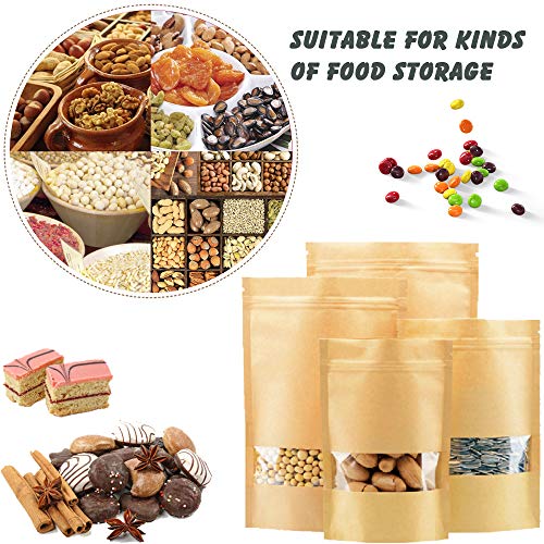 100 Pcs Resealable Stand Up kraft Paper Bags with Window for Packaging Products, Reusable Zip Lock Food Storage Pouch Bags (6.7" x 9.4") - size: 6.7" x 9.4"