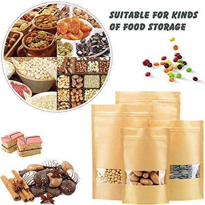 100 Pcs Resealable Stand Up kraft Paper Bags with Window for Packaging Products, Reusable Zip Lock Food Storage Pouch Bags (5.5" x 8.6") - size: 5.5" x 8.6"
