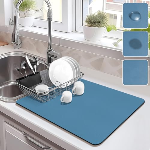 Drying Mat for Kitchen Countertops, Coffee Mat Hide Stain Rubber Backed Absorbent Dish Drying Mat - color: Blue, size: 16" x 20"