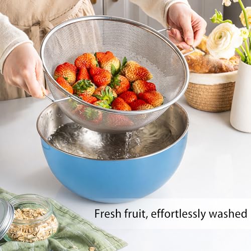 304 Stainless Steel Rice Washing Bowl and 40 Mesh Strainer Set, 3.5QT | 40-mesh strainer helps prevent grain loss while measurement marks and sturdy handles make rinsing and draining easier. - color: Blue