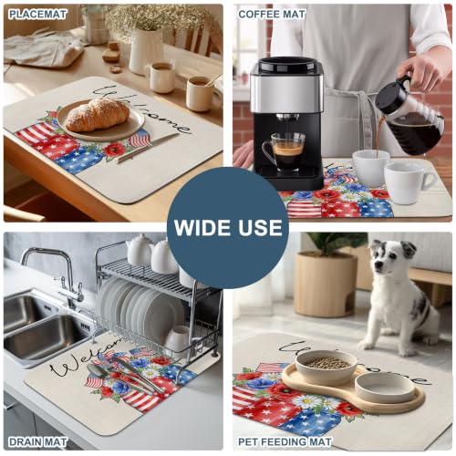250 Anniversary Dish Drying Mat for Kitchen Counter, Absorbent Quick Dry Coffee Bar Mat Pad Thin Diatomaceous Sink Mats, American Flag Windmill Daisy Florals Beige Non Slip Dish Drainer Mats 16''x18'' - size: 18" x 16"