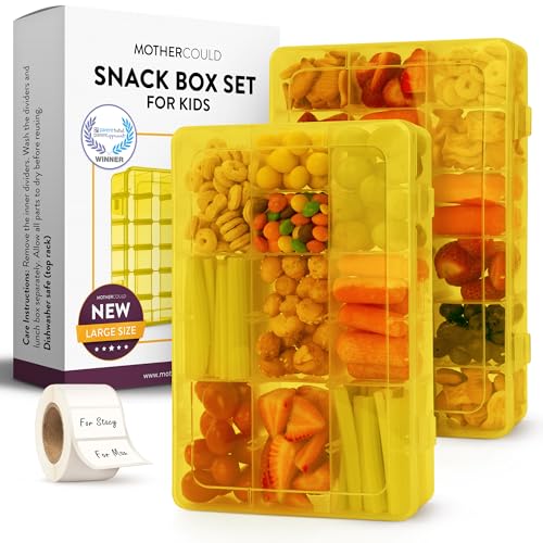 Large Kids Snack Box Containers Set of 2 -100 Labels, BPA-Free, Adjustable Compartments, Dishwasher Safe, Reusable Tray, Food Grade, Meal Prep Container, PARENT TESTED PARENT APPROVED AWARD (Yellow) - color: Yellow, size: Large