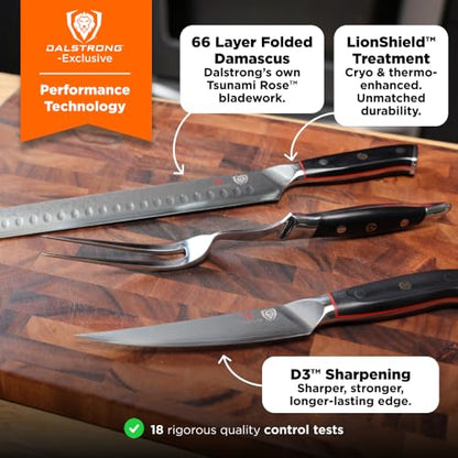 Dalstrong Slicing Carving Knife 12" + Fillet Knife 6" + Meat Fork - Shogun Series ELITE - Japanese AUS-10V Super Steel - Premium Carving Set - Black G10 Handle - Sheaths Included - color: Black, size: 12" Carving Set Pro