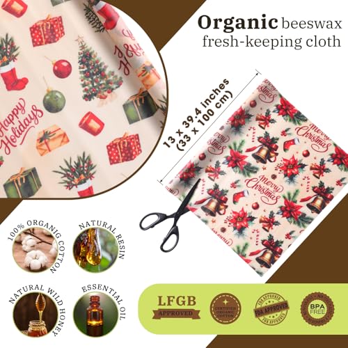 Moukeren 3 Rolls Christmas Beeswax Wraps 13 x 40 Inches Santa Bell Papers Bees Wax Wrap Tissue Reusable Waterproof Oil-proof Picnic Liners Beeswax Paper Roll for Xmas Party Kitchen Supplies - style: Santa
