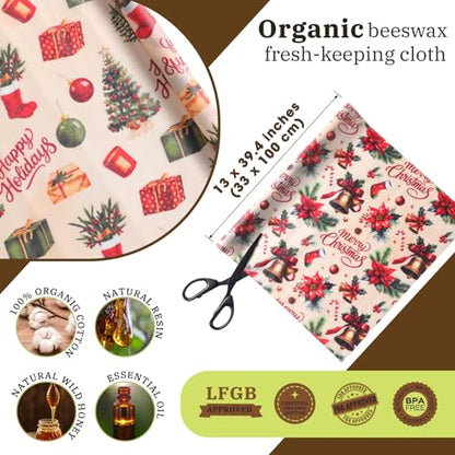 Moukeren 3 Rolls Christmas Beeswax Wraps 13 x 40 Inches Santa Bell Papers Bees Wax Wrap Tissue Reusable Waterproof Oil-proof Picnic Liners Beeswax Paper Roll for Xmas Party Kitchen Supplies - style: Santa