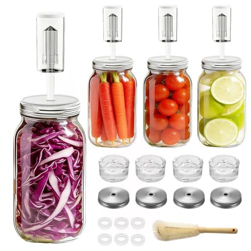 Fermentation Kit for Wide Mouth Mason fermentation Jar,Pickle sauerkraut Kit,4 Fermentation Lids,4 Glass Fermentation Weights,1Wooden Brush Cleaner(Jars Not Included)