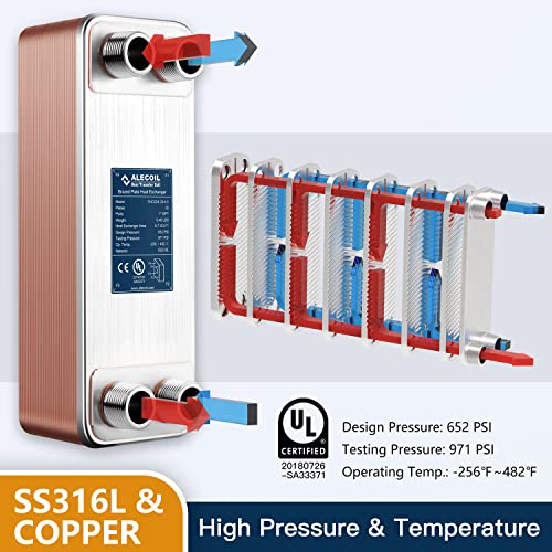 4"x12" 30 Plates Heat Exchanger with 1" MPT Port Water to Water 316L Stainless Steel Brazed Plate Heat Exchanger for Water Heating, Floor Heating, Commercial and Industrial Refrigeration - size: 4"X12"-30P