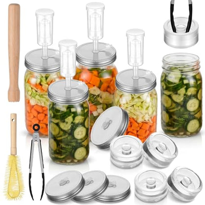 Fermentation Kit for Wide Mouth Mason fermentation Jars, 4 Stainless Steel Fermentation Lids, 4 Glass Fermentation Weights, 1 Silicone Tong, 1 Sauerkraut Pound, 1 Wooden Handle Brush Cleaner