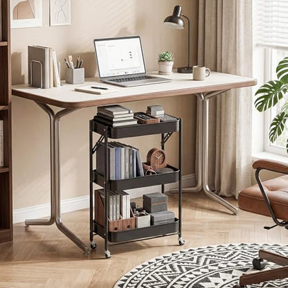 JAQ No Assembly Required Under Desk Rolling Cart, 3-Tier Foldable Metal Utility Cart, 26.8" Low Profile Storage Cart with Wheels, 10" Narrow Small Space Organizer, Black - color: Black
