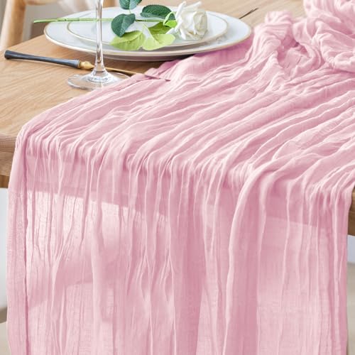 Pink Cheesecloth Table Runner 10FT Blushing Pink Boho Gauze Cheese Cloth Rustic Sheer Table Runners for Summer Wedding Bridal Baby Shower Party Decoration - color: Blushing Pink, size: 1 Pack