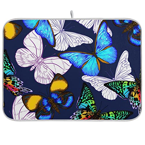 Absorbent Dish Drying Mat for Kitchen Counter - Blue Butterfly Microfiber Drying Pad, Reversible Drainer Mats for Countertop, Small 16" x 18" - color: Blue Butterfly, size: 16x18(in)x1