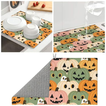 Cute Pumpkins White Ghost Dish Drying Mats for Kitchen Counter, Super Absorbent Microfiber Drainer Pad, Washable Reversible Appliance Protector, Everyday Kitchen Must-Have, 16x18 Inch - color: Cute Pumpkins White Ghost