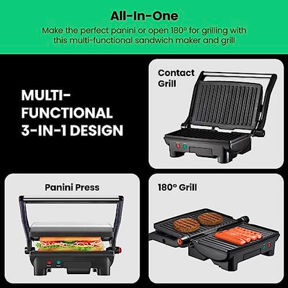 Chefman Electric Panini Press Grill, Compact 2-Slice Sandwich Maker, Non-Stick Coated Plates, Opens 180 Degrees, Dishwasher Safe, Removable Drip Tray, Stainless Steel/Black - size: 2 Slice